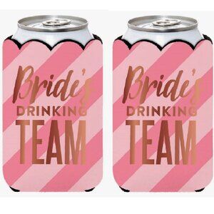 Set of 2 Pink Bride's Drinking Team Can Koozies Coolies w Glitter Bling Wedding